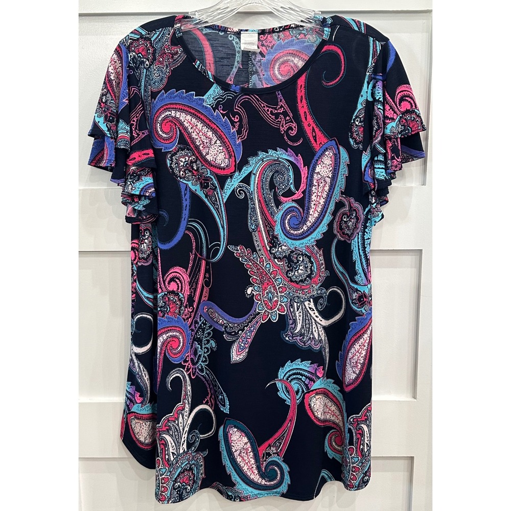 Navy Paisley Flutter Sleeve Top Pink Turquoise Round Neck Blouse Size Medium